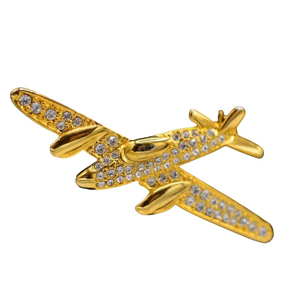 Vintage Crystal Airplane Pin Brooch Gold Tone Pave Rhinestone NOS 1980s Bin1